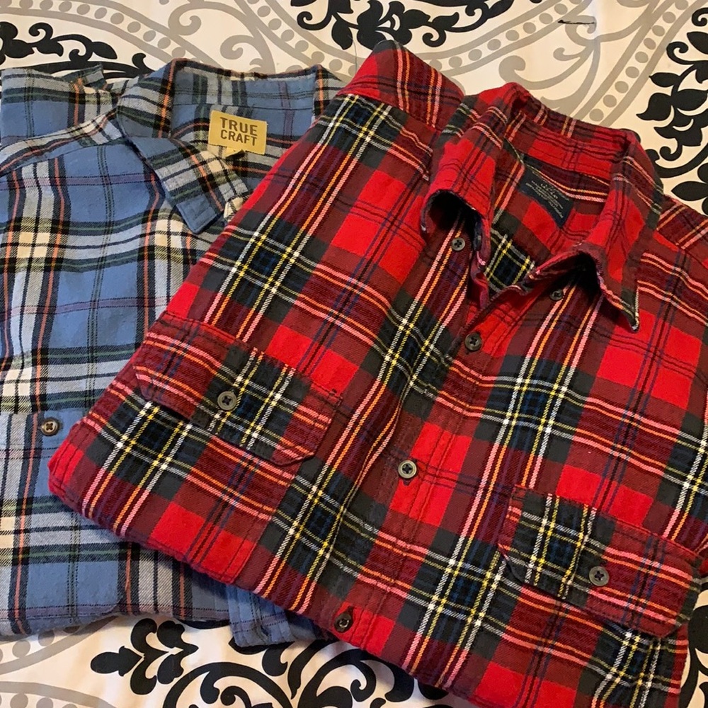 Two men’s 100% cotton plaid button ups